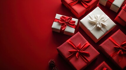 Multiple neatly wrapped gift boxes in red and white paper with matching ribbons arranged on red background evoking festive and celebratory mood