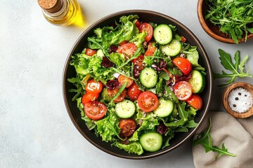 Fresh mixed green salad with cherry tomatoes and cucumber slices in a dark bowl, accompanied by olive oil, sea salt, and arugula on a light surface conveying health and freshness