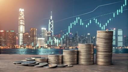 Financial Growth Concept with Coins and City Skyline Background