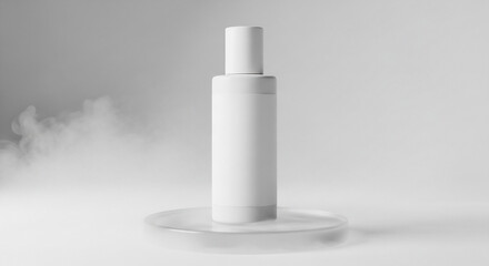 Minimalist White Cosmetic Bottle on Pedestal with Ethereal Mist