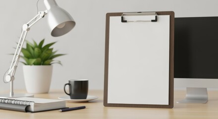Bright home office desk setup featuring a blank clipboard, lamp, and computer monitor.