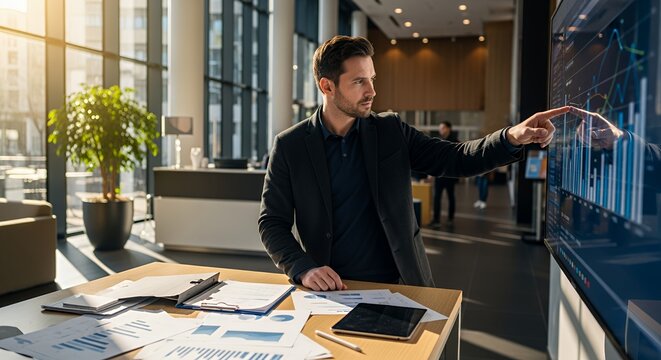 A focused businessman analyzes financial data displayed on a large screen, reviewing reports and charts at his modern desk. - Powered by Adobe