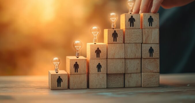 Hand arranging wooden blocks with human icons in ascending order with illuminated light bulbs on top, symbolizing growth and ideas against warm background