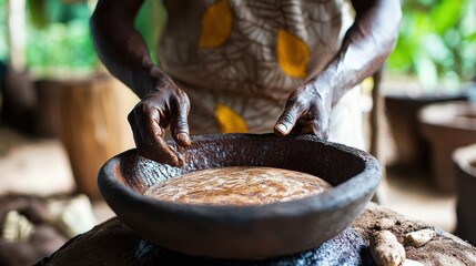 Woman works shea butter in a bowl. Use for natural beauty or African culture.