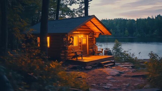 A cozy log cabin with warm lights glows beside a serene lake in the forest at twilight.