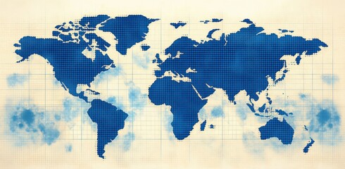 Gridded vintage-style world map with continents in blue halftone pattern on aged paper background with light blue watercolor textures and soft grid lines
