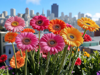 Vibrant gerbera daisies in pink, orange, and yellow bloom against city skyline backdrop, creating cheerful and colorful urban garden scene