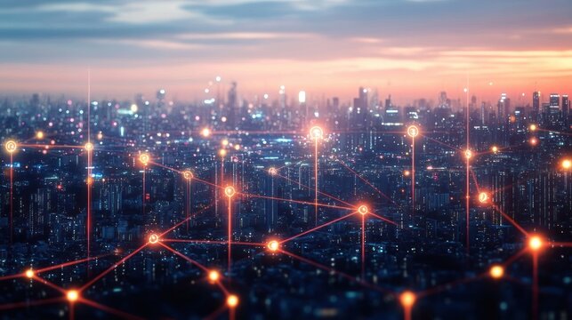 Futuristic cityscape at dusk with illuminated network connections overlaying urban buildings symbolizing digital communication and technology integration - Powered by Adobe