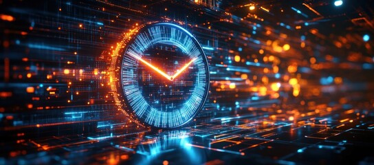 Futuristic glowing digital clock with blue and orange light effects surrounded by dynamic data streams on a technological interface