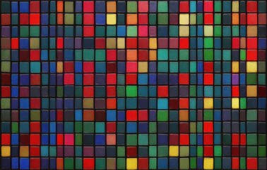 Fototapeta premium Colorful mosaic made of small square tiles arranged in a grid with various vibrant colors including red, blue, green, yellow, and purple creating an abstract pattern