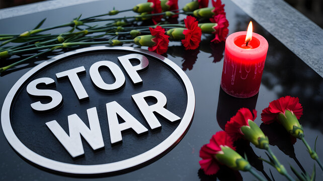 Solemn stop war message with candle and red carnations for peace and remembrance of victims