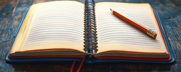 Open spiral notebook with lined pages lying on a wooden surface and an orange pencil resting on the right side under warm lighting
