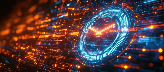 Futuristic digital clock with glowing neon blue and orange circuitry patterns representing advanced technology and precise timekeeping
