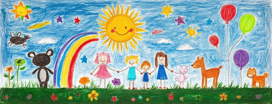 Bright and cheerful children's drawing of a sunny day with smiling sun, rainbow, happy children and animals holding hands in a colorful flower meadow with balloons and stars