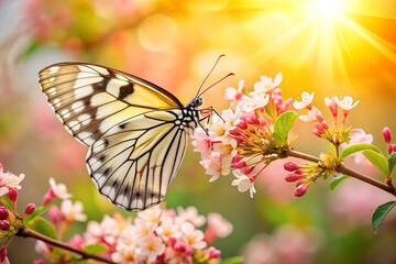 Fototapeta premium Delicate Rice Paper Butterfly on Pink Flowering Branch in Golden Sunlight