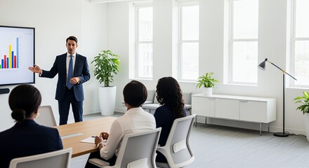 A confident businessman presents a compelling business graph to a focused audience during a productive meeting in a modern .