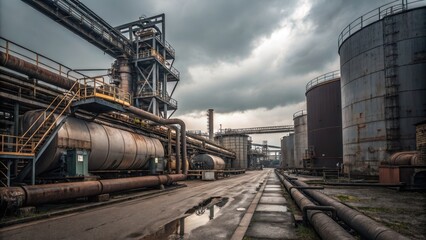 Fototapeta premium Industrial Landscape with Pipes and Storage Tanks Under Cloudy Sky