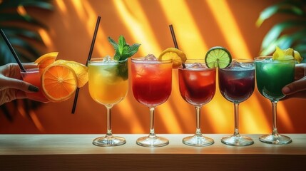 Row of six colorful cocktails garnished with citrus slices and mint leaves held by hands against a warm orange background with light patterns