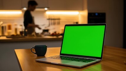 Laptop with green screen on a wooden table in cozy kitchen with mug and blurred chef in background - Powered by Adobe