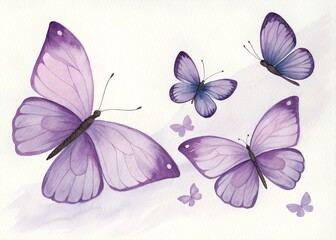 Watercolor Painting of Purple Butterflies Flying on a White Background for Spring