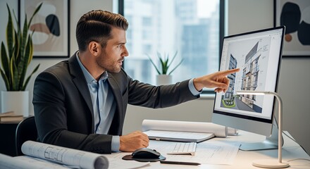 A focused architect reviews a building model on a computer screen, pointing out details on the design.