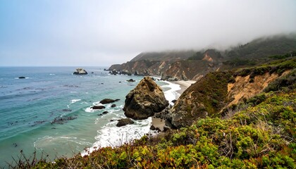 Obraz premium Coastal landscape with rugged cliffs and misty sky
