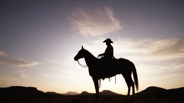 Silhouette of Cowboy Riding Horse at Sunset in Desert Landscape. 4k video