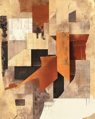 Abstract architectural composition of a deconstructed cubist building rendered in warm terracotta and ochre tones with a textured paper collage effect and fine abstract line art overlays.
