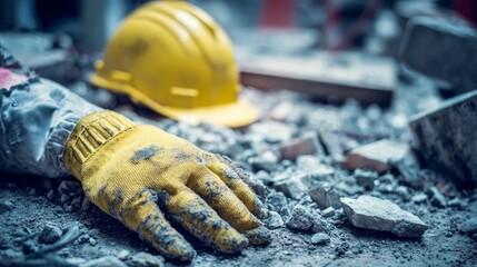 Injured construction worker’s gloved arm and yellow safety helmet lying on rubble and debris, highlighting danger, emergency, injury risk, and the importance of workplace safety and protection