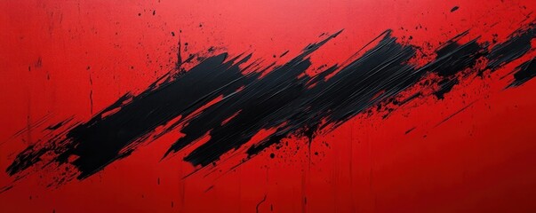 Abstract bold black diagonal brushstrokes splattered on vibrant red background conveying intense energy and dynamic motion