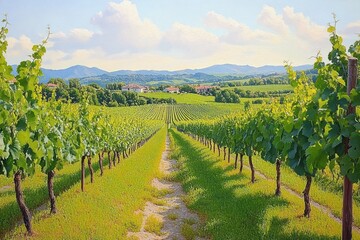 Naklejka premium Bright sunny vineyard with rows of green grapevines stretching towards distant hills under a partly cloudy blue sky