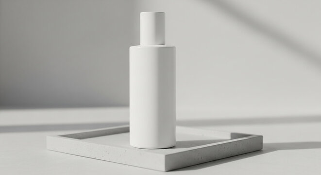 Minimalist White Cosmetic Bottle on Tray with Soft Shadows