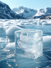 Clear ice cube floats in serene, icy landscape with snow capped mountains in background, reflecting cold, crisp atmosphere of winter day