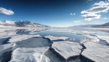 Frozen lake with large broken ice sheets floating on the surface under a clear blue sky surrounded by snow-covered mountains reflecting in the water