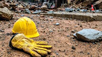 Injured construction worker’s gloved arm and yellow safety helmet lying on rubble and debris, highlighting danger, emergency, injury risk, and the importance of workplace safety and protection