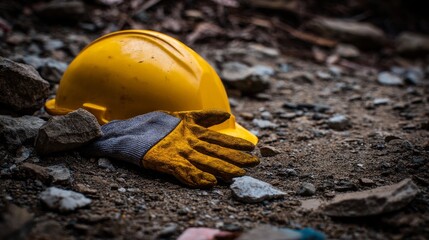 Injured construction worker’s gloved arm and yellow safety helmet lying on rubble and debris, highlighting danger, emergency, injury risk, and the importance of workplace safety and protection