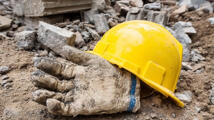 Injured construction worker’s gloved arm and yellow safety helmet lying on rubble and debris, highlighting danger, emergency, injury risk, and the importance of workplace safety and protection
