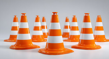 A collection of orange traffic cones with white stripes positioned on a plain background, ideal for construction or safety themes