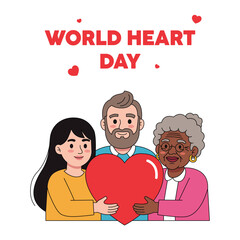 Illustration of a diverse family holding a large red heart, celebrating World Heart Day.