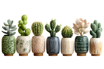 collection Set of different mixed cactus and succulents types of small mini plant in modern ceramic vase pot as furniture cutouts isolated on white background PNG