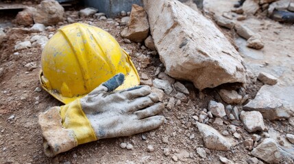 Injured construction worker’s gloved arm and yellow safety helmet lying on rubble and debris, highlighting danger, emergency, injury risk, and the importance of workplace safety and protection