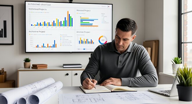 A focused architect reviews project data on a large screen while making notes in a notebook, surrounded by blueprints and plants.