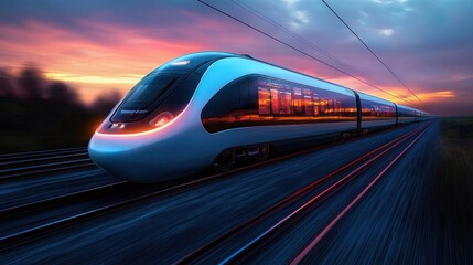 Fototapeta premium sleek modern high-speed train speeding along railway tracks at sunset with vibrant sky reflections on its windows