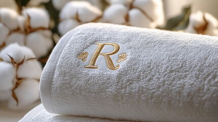 Close-up of a rolled white towel with an elegant gold embroidered letter and decorative leaves with soft cotton bolls in the blurred background
