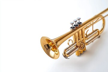 Obraz premium Close-up of shiny golden trumpet on white background highlighting its valves and curved tubing