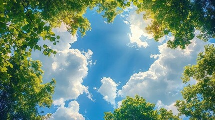 Bright blue sky with scattered white clouds surrounded by vibrant green tree leaves on a sunny day