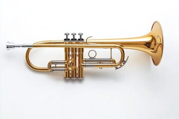Obraz premium Shiny brass trumpet with silver mouthpiece and valves isolated on white background