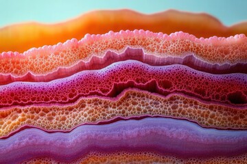 Close-up of colorful layered mineral or agate stone showing intricate bubble-like textures in shades of orange, pink, purple, and brown under soft light