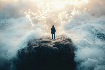 A lone figure standing on a rock surrounded by crashing ocean waves and glowing light creating a surreal and contemplative atmosphere