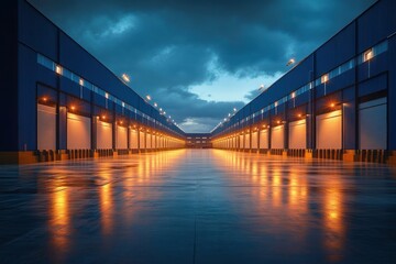 Symmetrical view of two large warehouse buildings with multiple closed loading docks illuminated by warm orange lights reflecting on wet ground under a dramatic cloudy blue sky at dusk